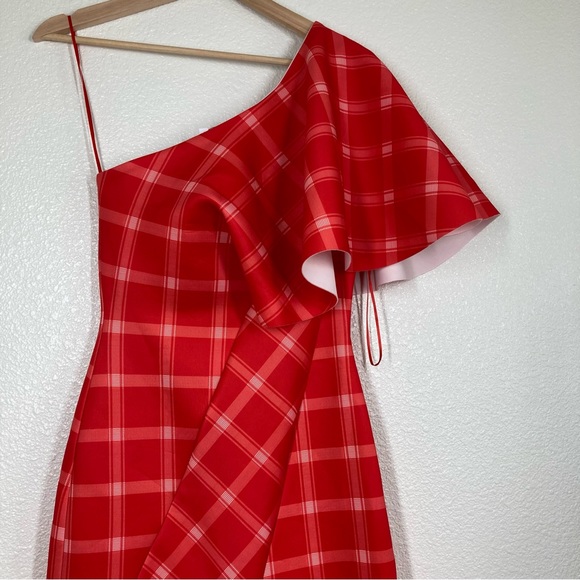 Asos peanut Girls One Shoulder Plaid Midi Dress Size 2 Red shawl Sleeve NWT - Picture 2 of 16